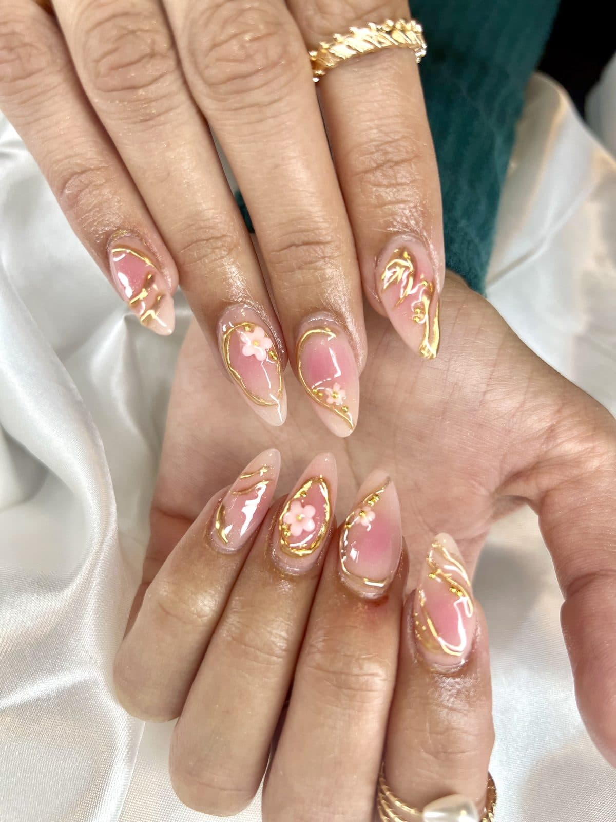 Long almond acrylic nails with gold foil, chrome and pink accents by 902 Beauty Bar, Dartmouth NS