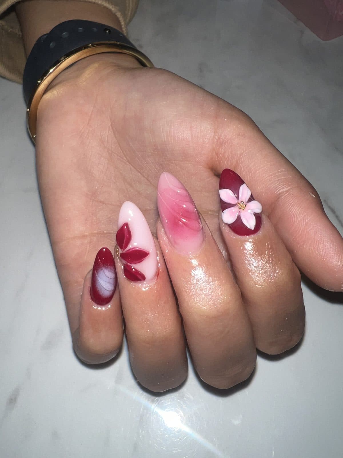 Burgundy and pink petal nail art on short round nails by 902 Beauty Bar, Dartmouth NS