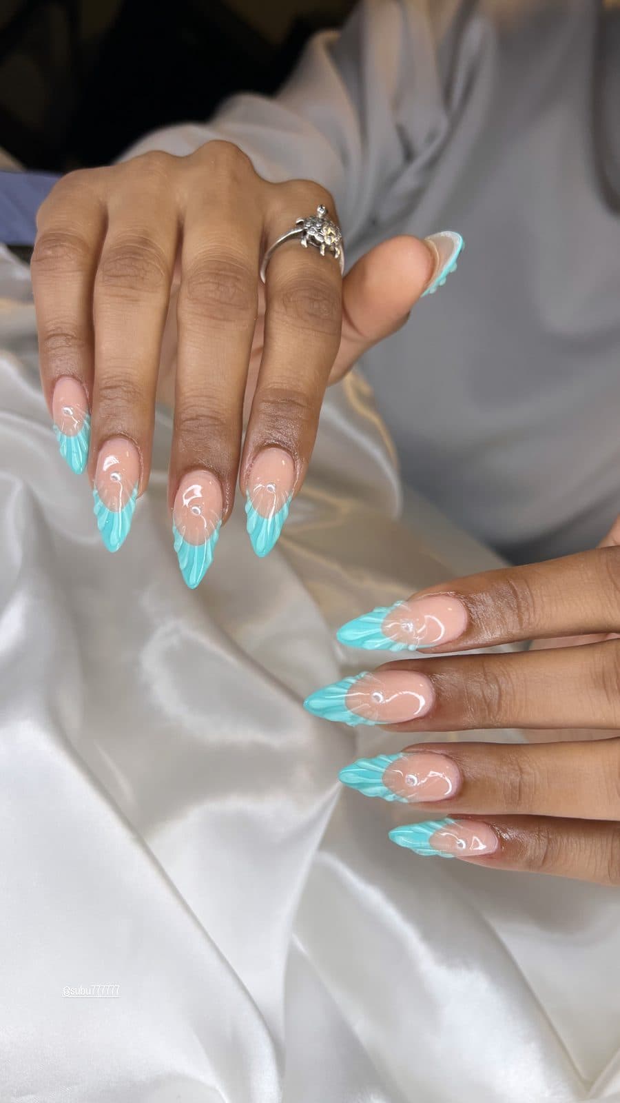 Turquoise French tip almond nails on satin by 902 Beauty Bar, Dartmouth NS