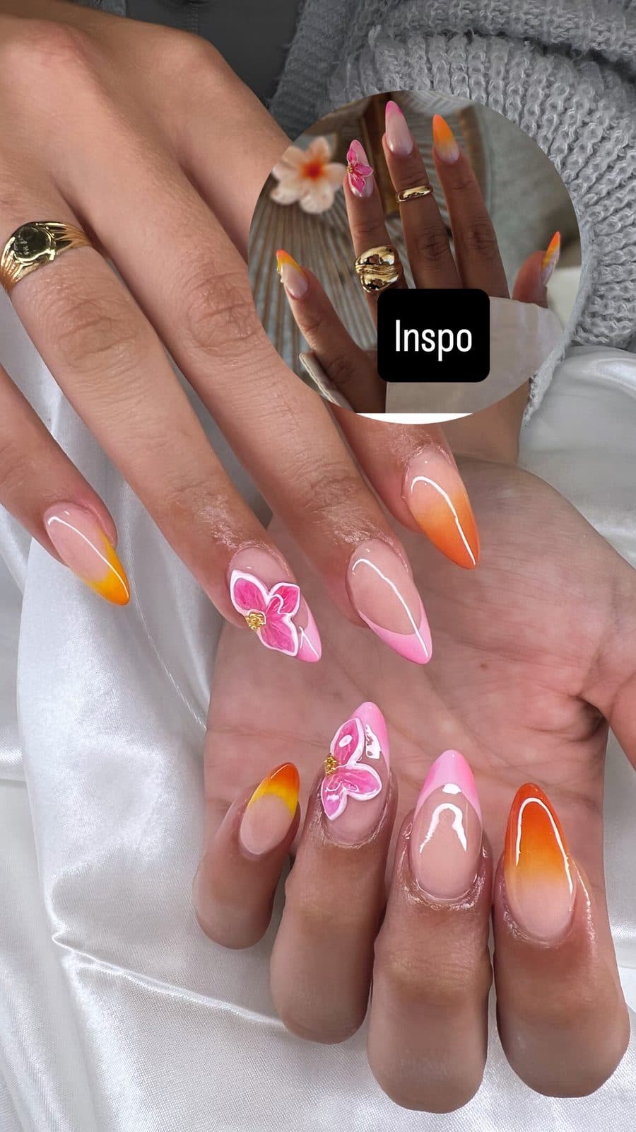 Pink and orange floral nails with inspiration photo by 902 Beauty Bar, Dartmouth NS