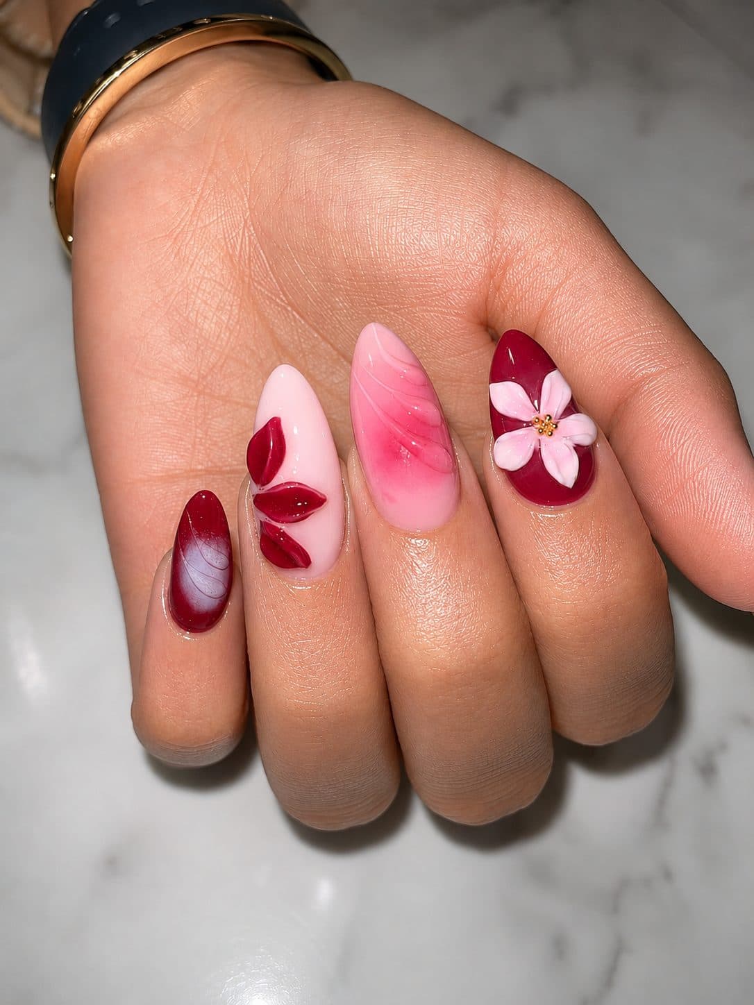 Pink, burgundy and white petal art on short nails by 902 Beauty Bar, Dartmouth NS