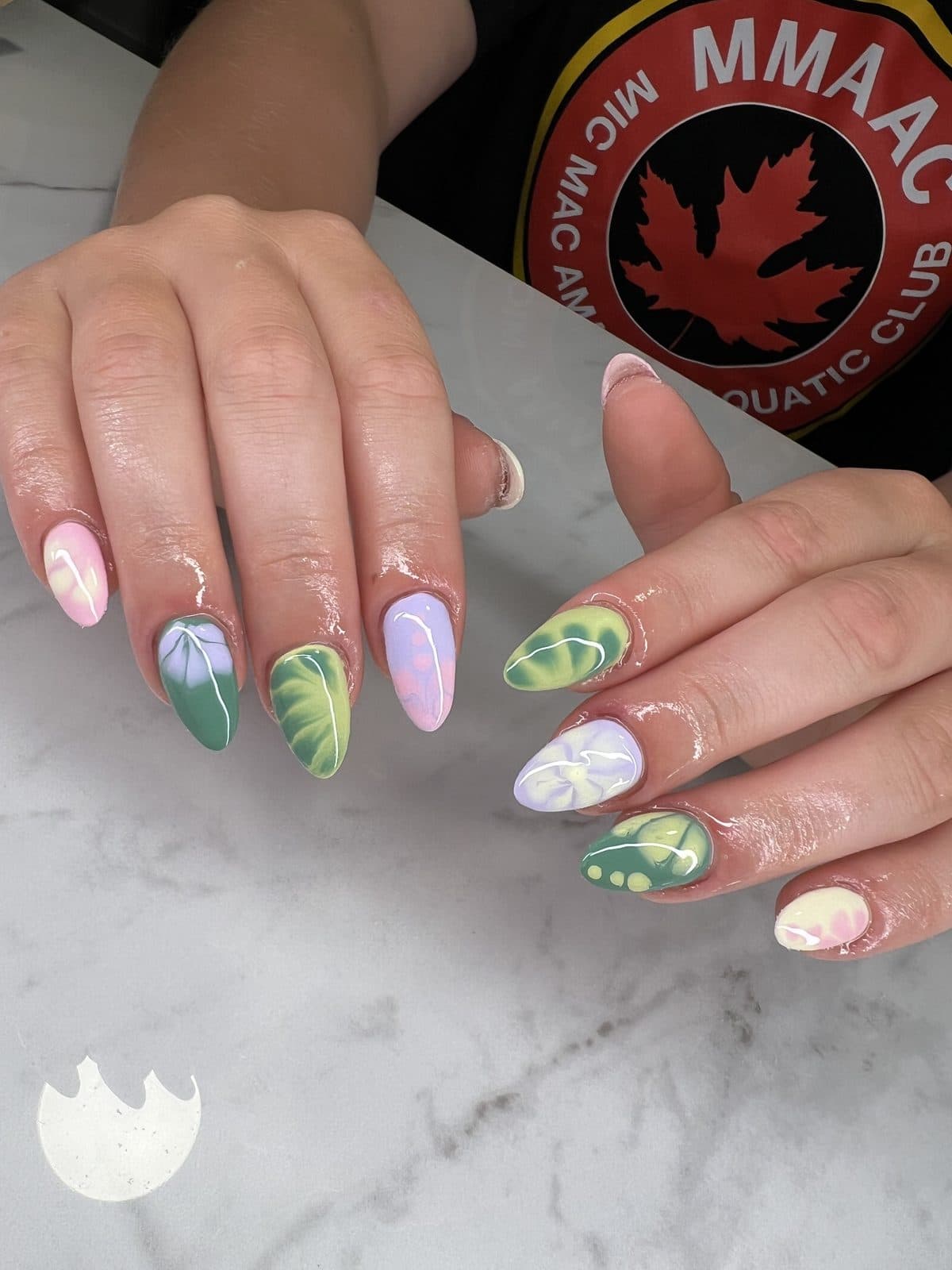 Pastel green and lavender floral nail art by 902 Beauty Bar, Dartmouth NS