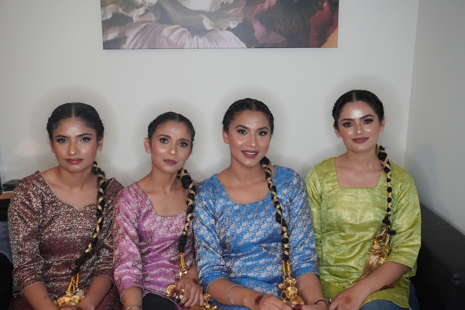 Four women in Teej festival makeup and traditional outfits by 902 Beauty Bar, Dartmouth NS