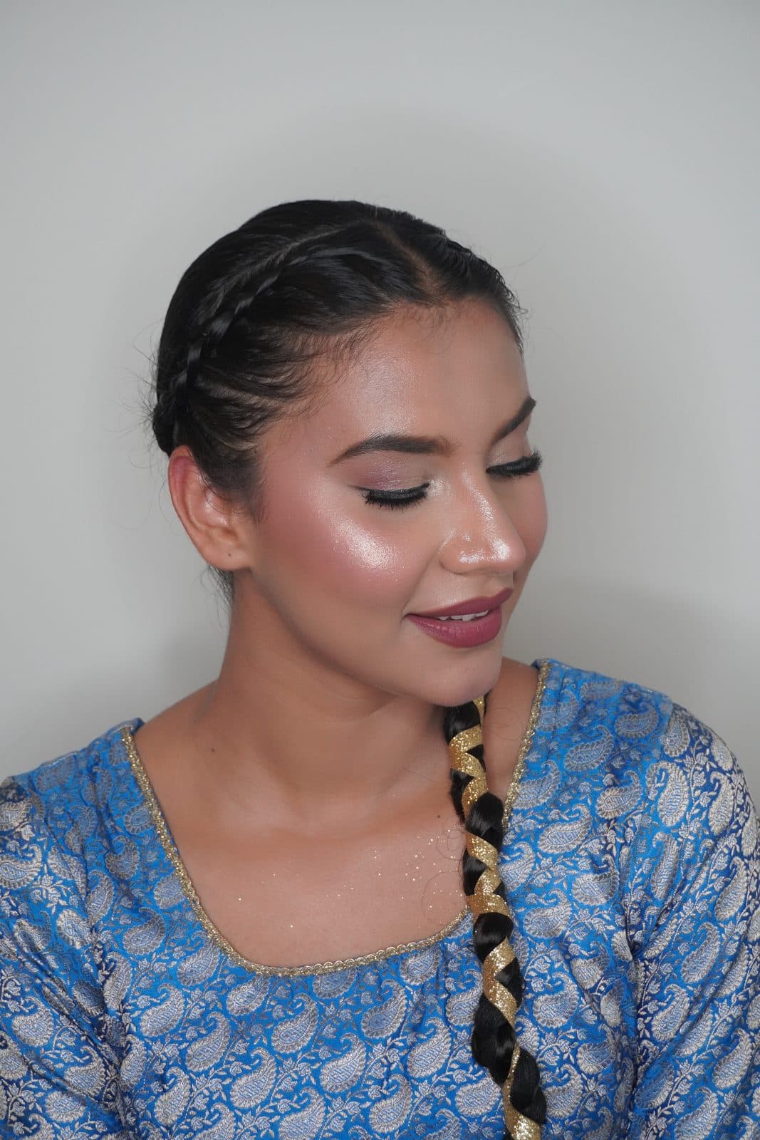Soft glam makeup with a braided hairstyle and blue outfit by 902 Beauty Bar, Dartmouth NS