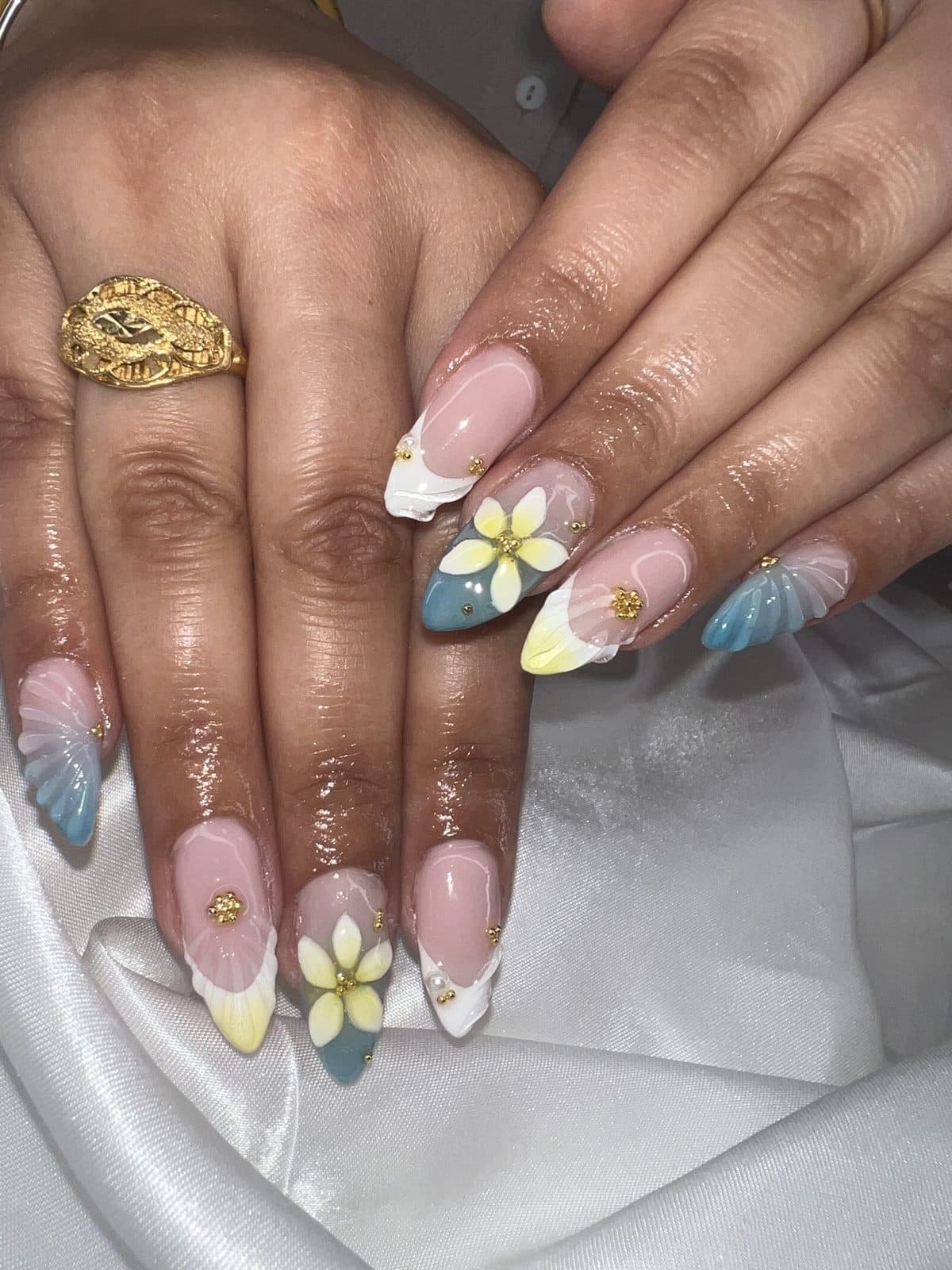 Pastel floral and marble nail art with charms by 902 Beauty Bar, Dartmouth NS