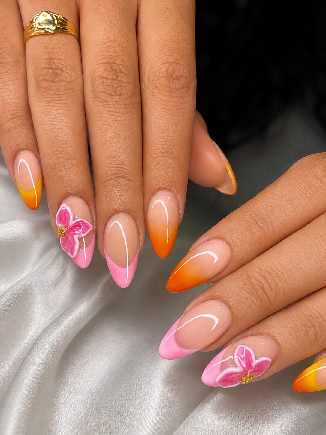 Pink and orange floral almond nails by 902 Beauty Bar, Dartmouth NS