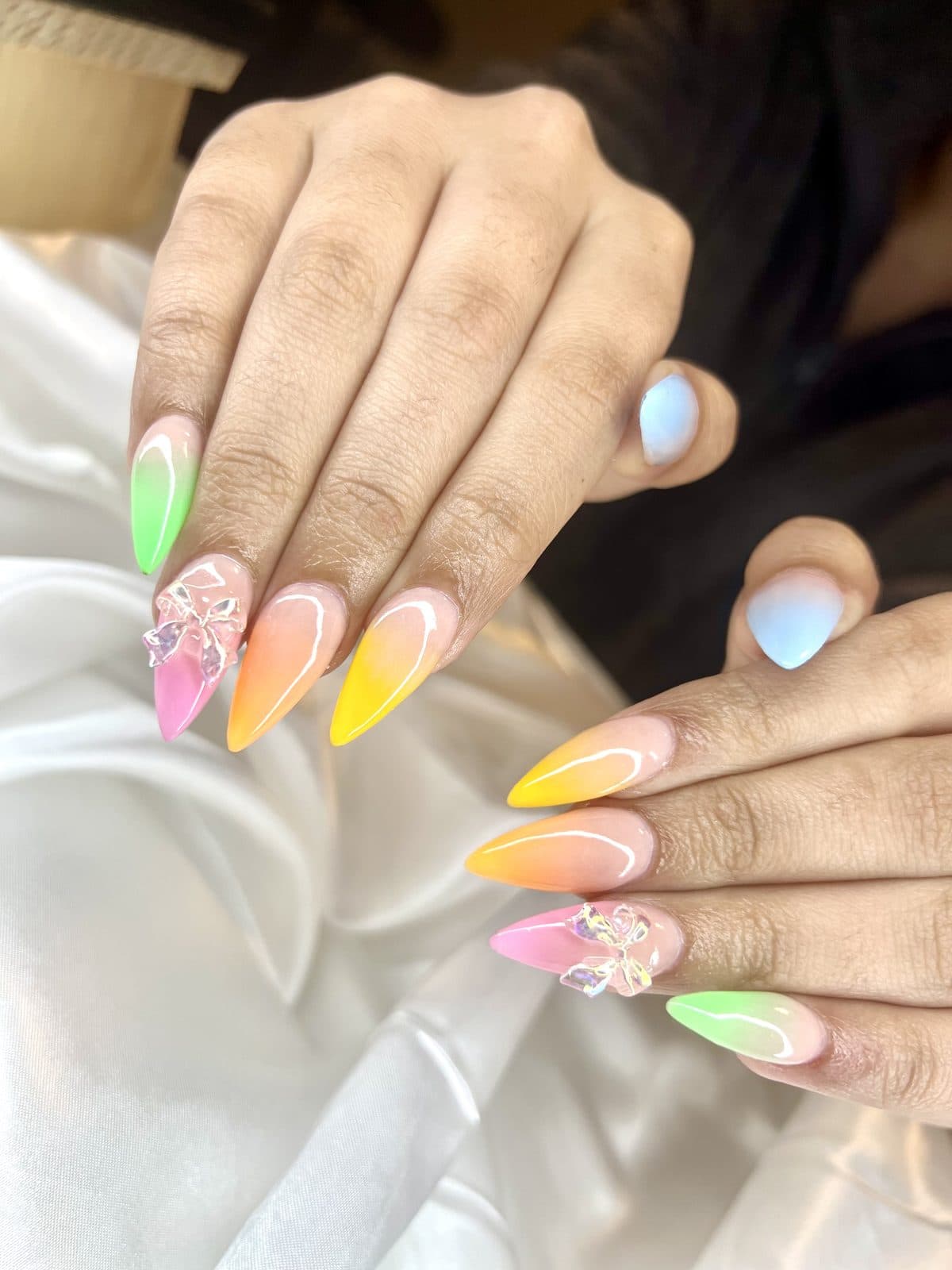 Rainbow pastel ombré stiletto nails by 902 Beauty Bar, Dartmouth NS