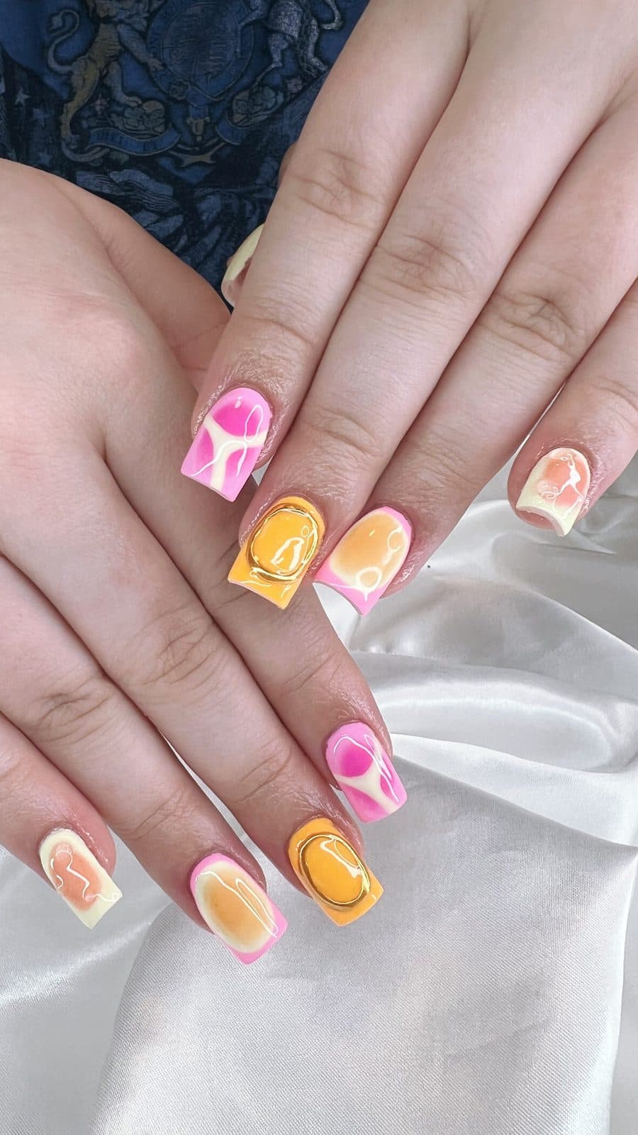 Orange and pink retro swirl nail art by 902 Beauty Bar, Dartmouth NS
